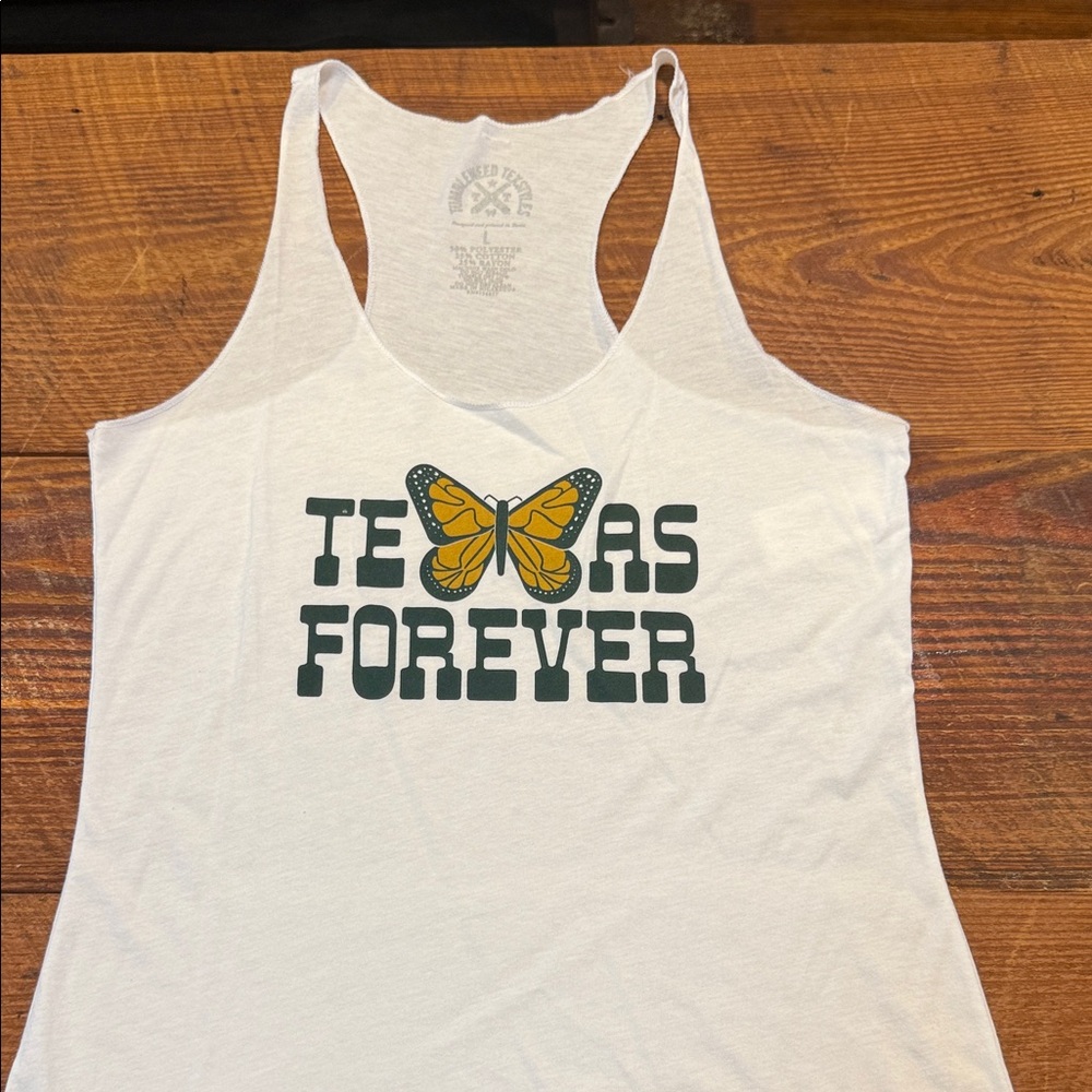 Tumbleweed Texstyles White Tank Top Texas Forever Design with Butterfly